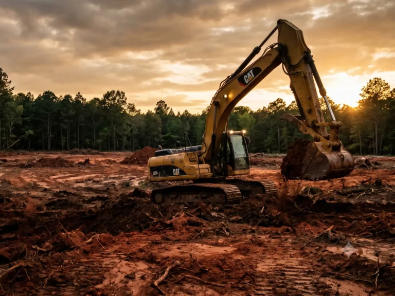 CAMCO Earthworks excavator clearing land at golden hour in Central Arkansas
