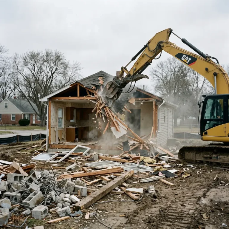 Excavator demolishing small residential structure in Central Arkansas