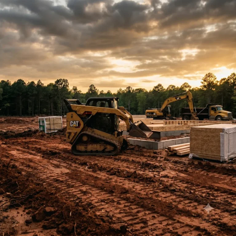 Skid steer leveling red clay soil on a residential property in Cabot Arkansas