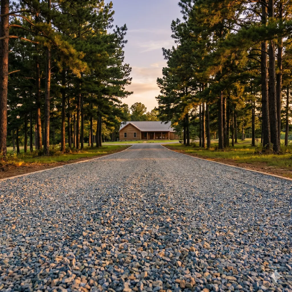 Freshly graded gravel driveway on rural residential property in central Arkansas