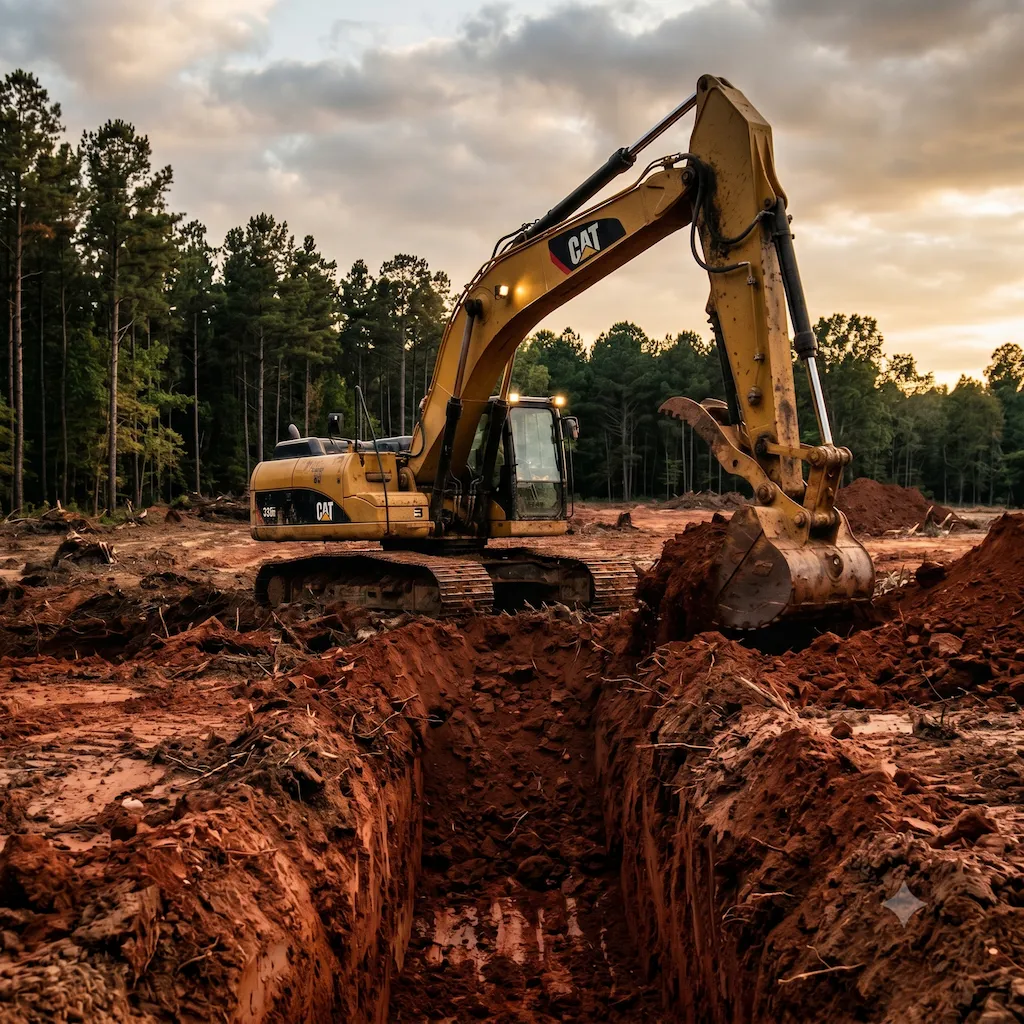 Track excavator digging foundation trench on rural residential lot in Central Arkansas
