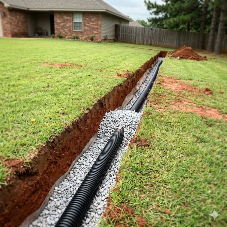 French drain installation with perforated pipe in red clay soil at Central Arkansas residence