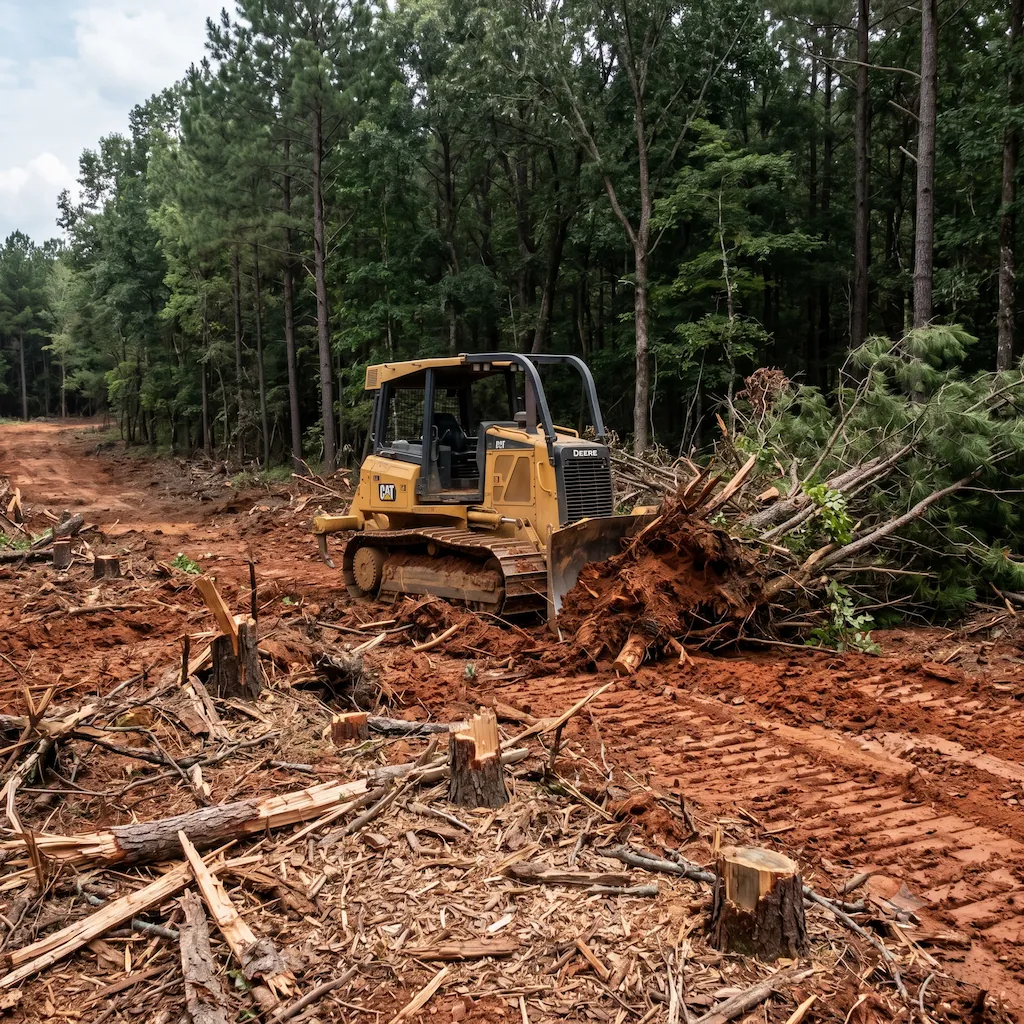 Dozer clearing pine trees and brush on raw land in Central Arkansas